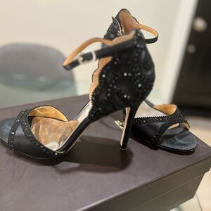 Badgley Mischka Gillian Black Satin Rhinestone Crystal Heel